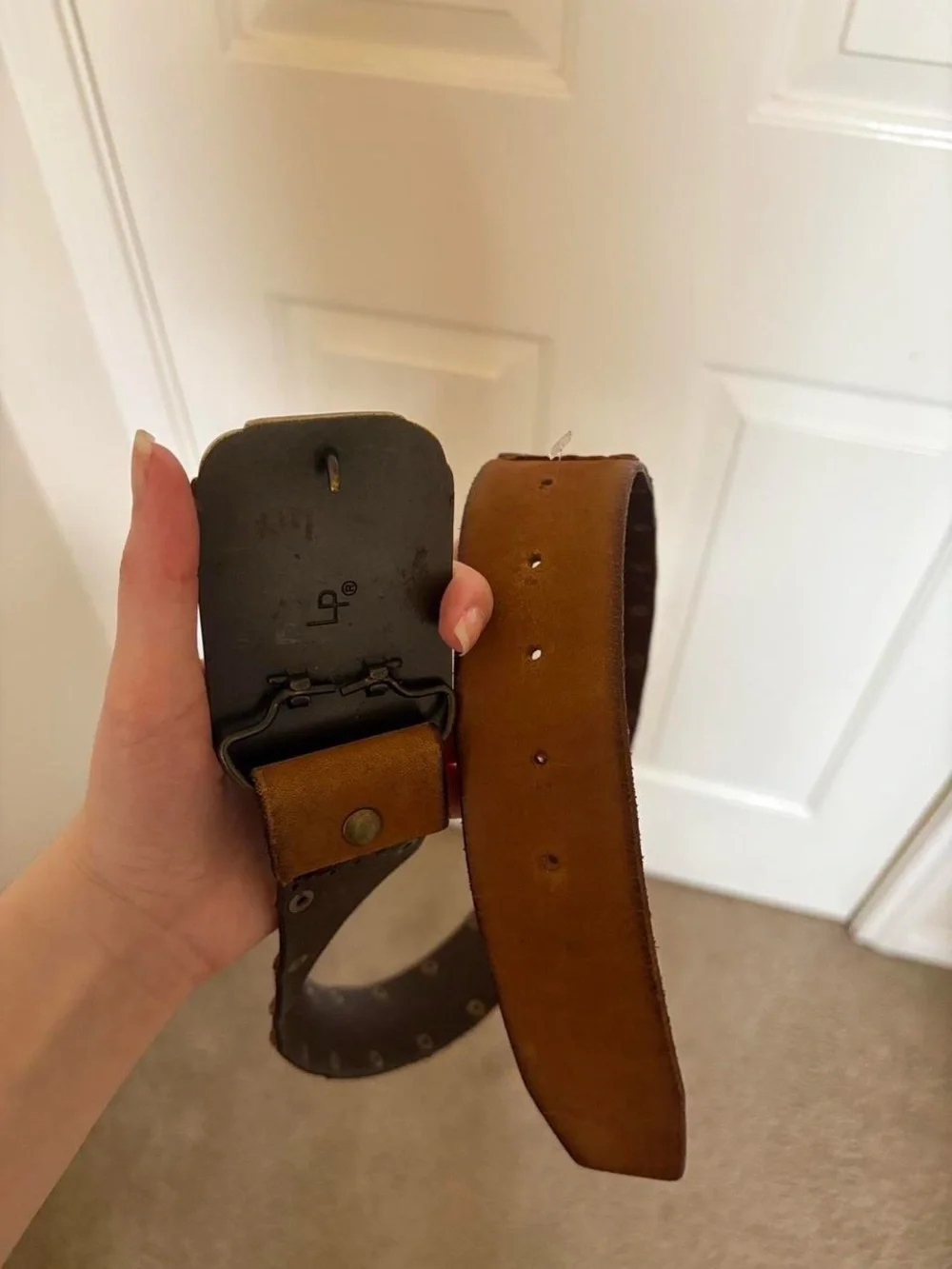 Vintage Brown Leather Braided Stud Belt with Ornate Metal Buckle